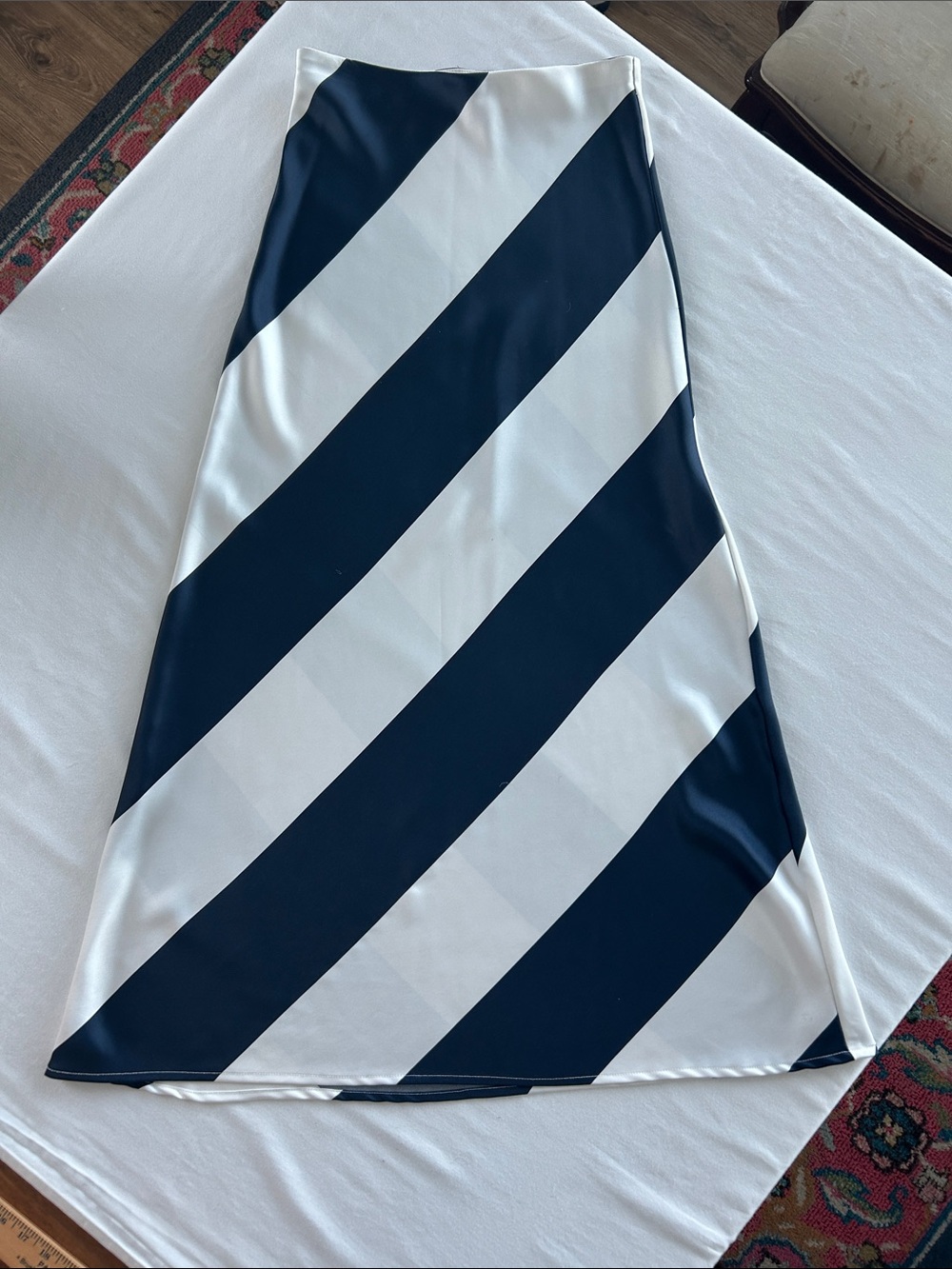 LIFE Striped Navy and White silky Maxi Skirt - Classic Diagonal Design size M